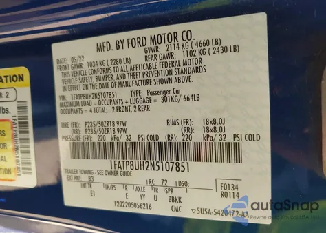 2022 Ford Mustang from USA, damaged, VIN 1FATP8UH2N5107851
